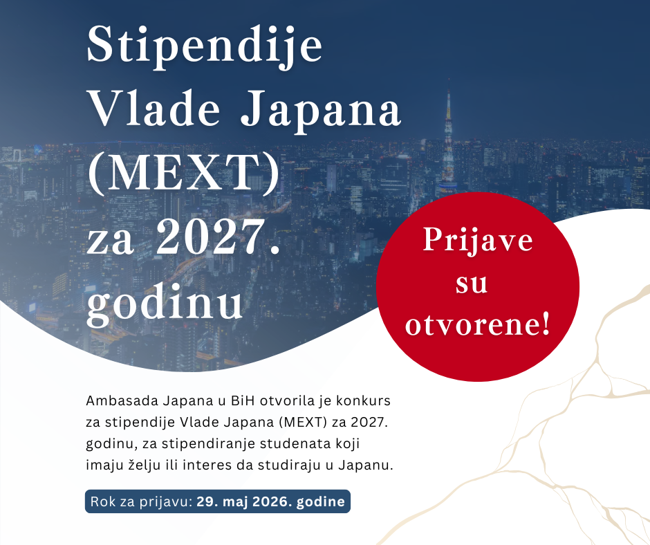 Otvoren konkurs za stipendije Vlade Japana (MEXT) za 2027. godinu