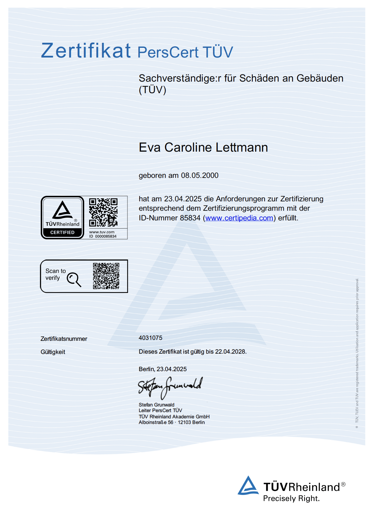 TÜV Zertifikat Eva Lettmann