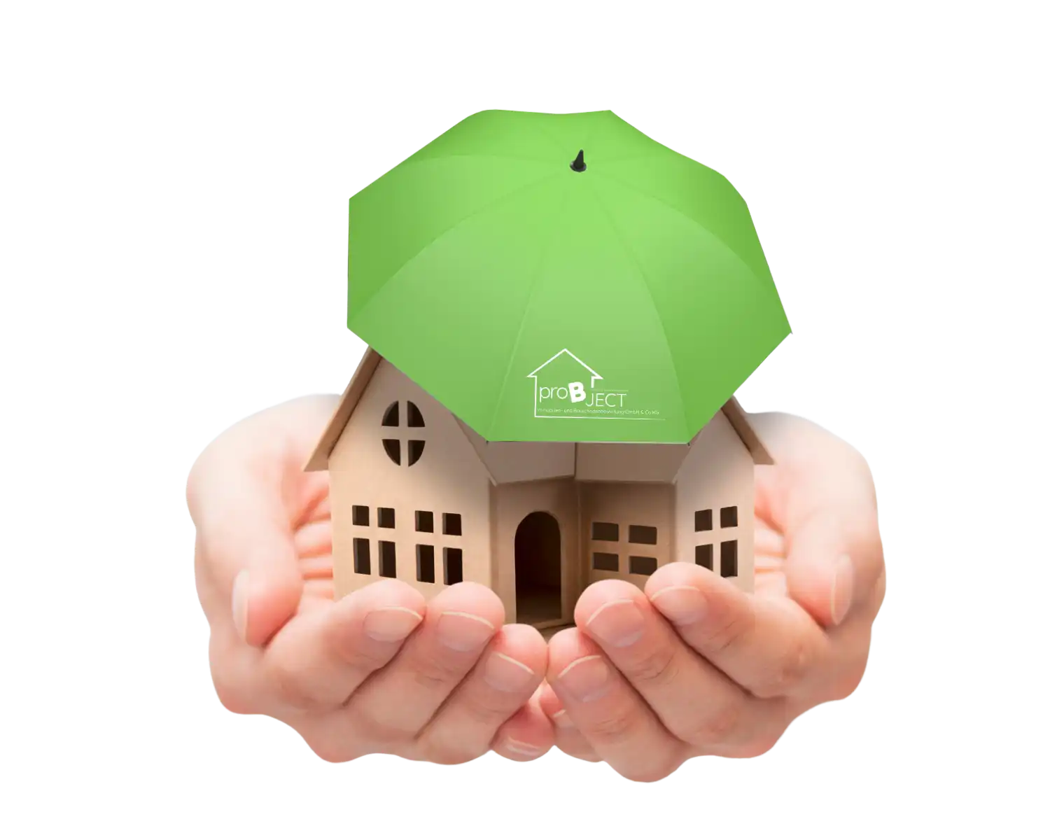 Hände halten Haus Regenschirm.webp