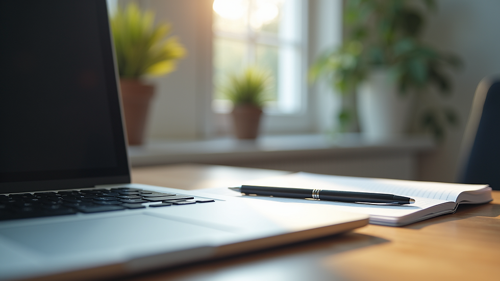 Eye-level view of a modern workspace with a laptop and notepad