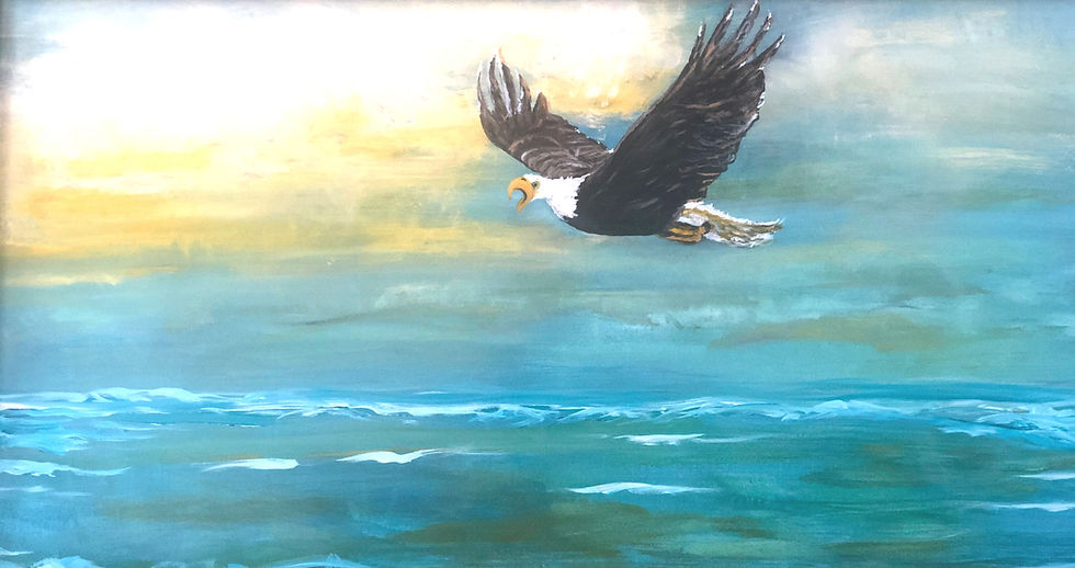 A painting of an Eagle flying above the colorful ocean