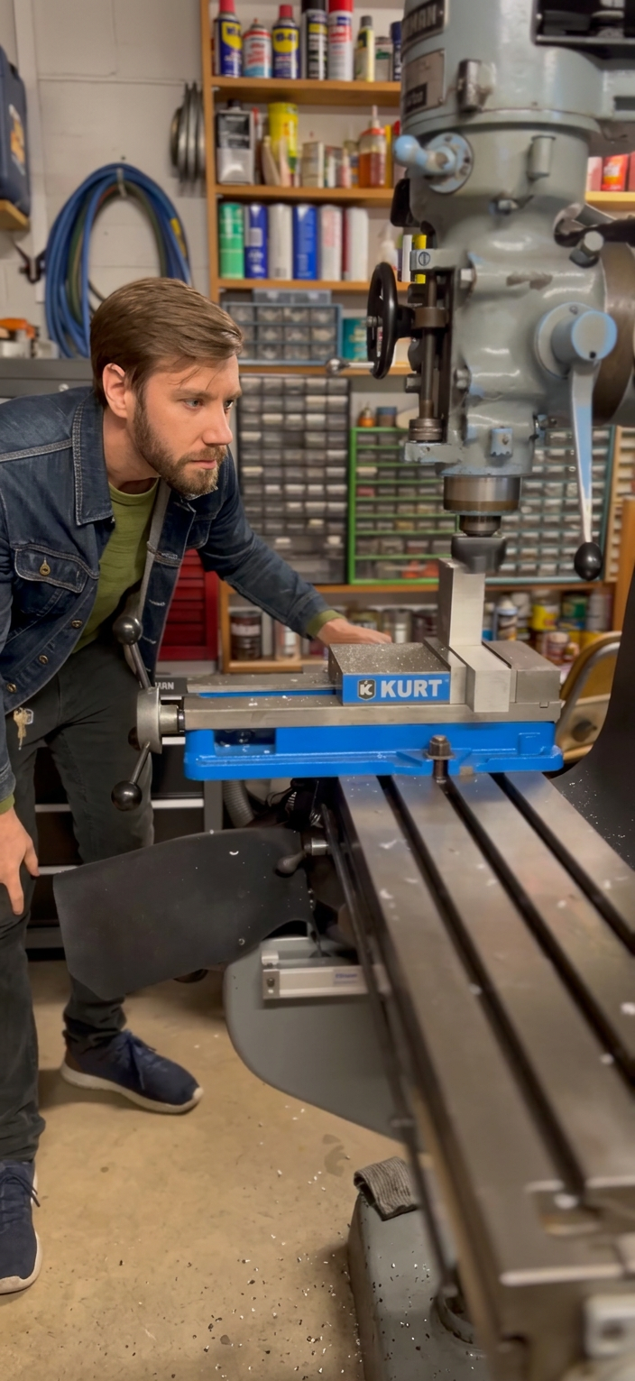 Workshop photography of a man intently operating a milling machine with a Kurt vise. The scene is set in a cluttered, organized workshop environment.