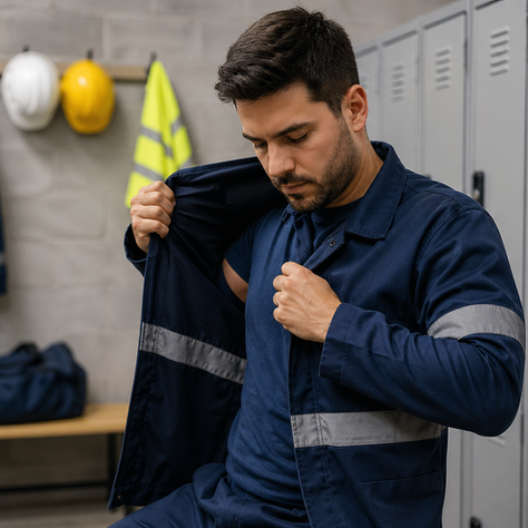 Trabalhador em vestiário industrial colocando uniforme antes do início da jornada, com armários ao fundo e equipamentos de segurança pendurados.
