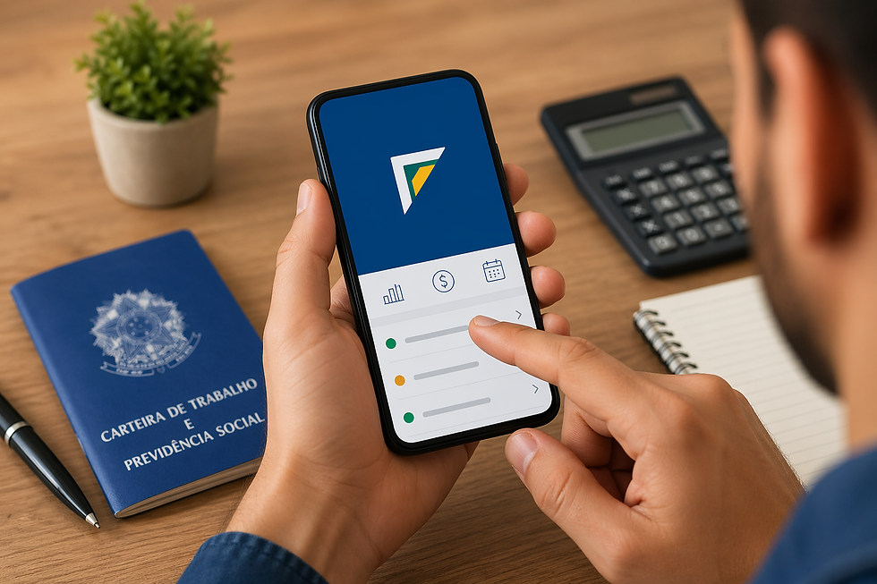 Pessoa segurando um celular e acessando aplicativo de consulta financeira, com carteira de trabalho, calculadora e caderno sobre uma mesa de madeira ao fundo.