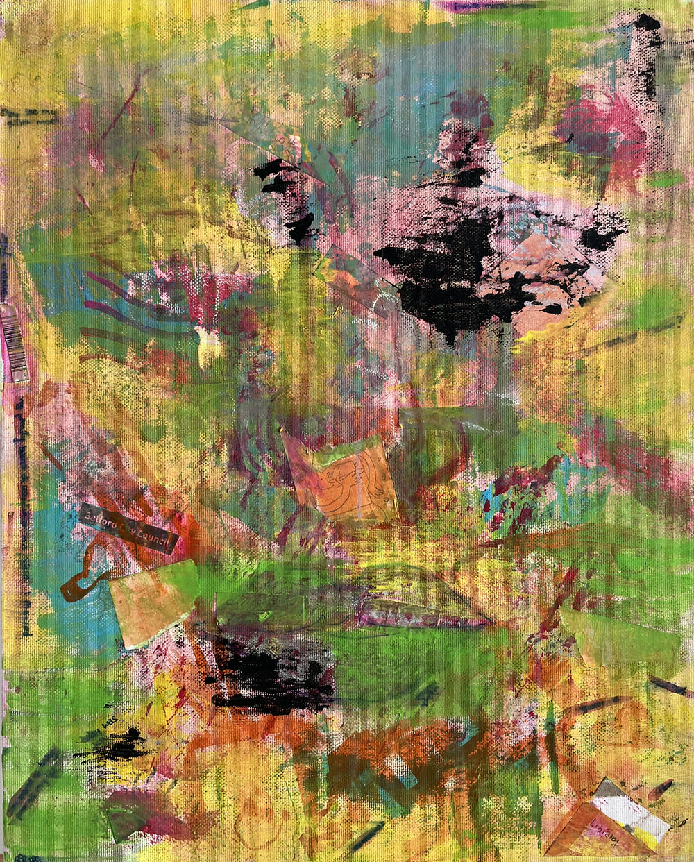Abstract mixed-media painting in yellows, greens, pinks and blacks. Collaged paper fragments — including a visible Salford City Council label — are embedded across the canvas alongside gestural brushwork and expressive mark-making. The composition is dense and layered, evoking the texture of daily life during a period of transition and arrival.