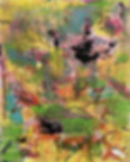 Abstract mixed-media painting in yellows, greens, pinks and blacks. Collaged paper fragments — including a visible Salford City Council label — are embedded across the canvas alongside gestural brushwork and expressive mark-making. The composition is dense and layered, evoking the texture of daily life during a period of transition and arrival.