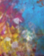 Abstract painting in deep magenta, cerulean blue, yellow-ochre and white on canvas. Layers of paint are built up with visible texture, suggesting writing or mark-making beneath the surface. The composition divides loosely between warm and cool tones, with gestural white passages where the two meet. The work has a quality of emotional release and layered personal history.