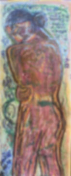 Tall mixed-media figure study on paper. A standing figure is shown from behind, head turned slightly downward, arms folded across the body in a self-holding posture. The figure is rendered in warm earth tones — rose, terracotta, burnt orange and ochre — with gestural lines suggesting skin and form. Handwritten text is layered throughout the background in blue and dark ink, weaving around the body. The background is loose green and yellow wash with expressive crayon and pencil marks. The overall composition conveys inwardness, self-reflection, and the physical presence of inner speech.