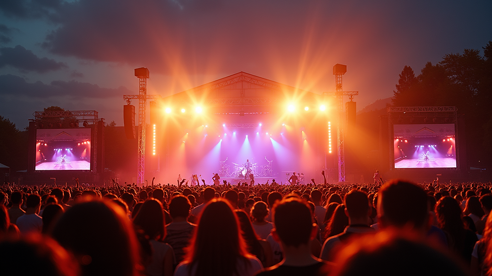 Vista panorámica de un festival de música al aire libre con una multitud disfrutando del espectáculo