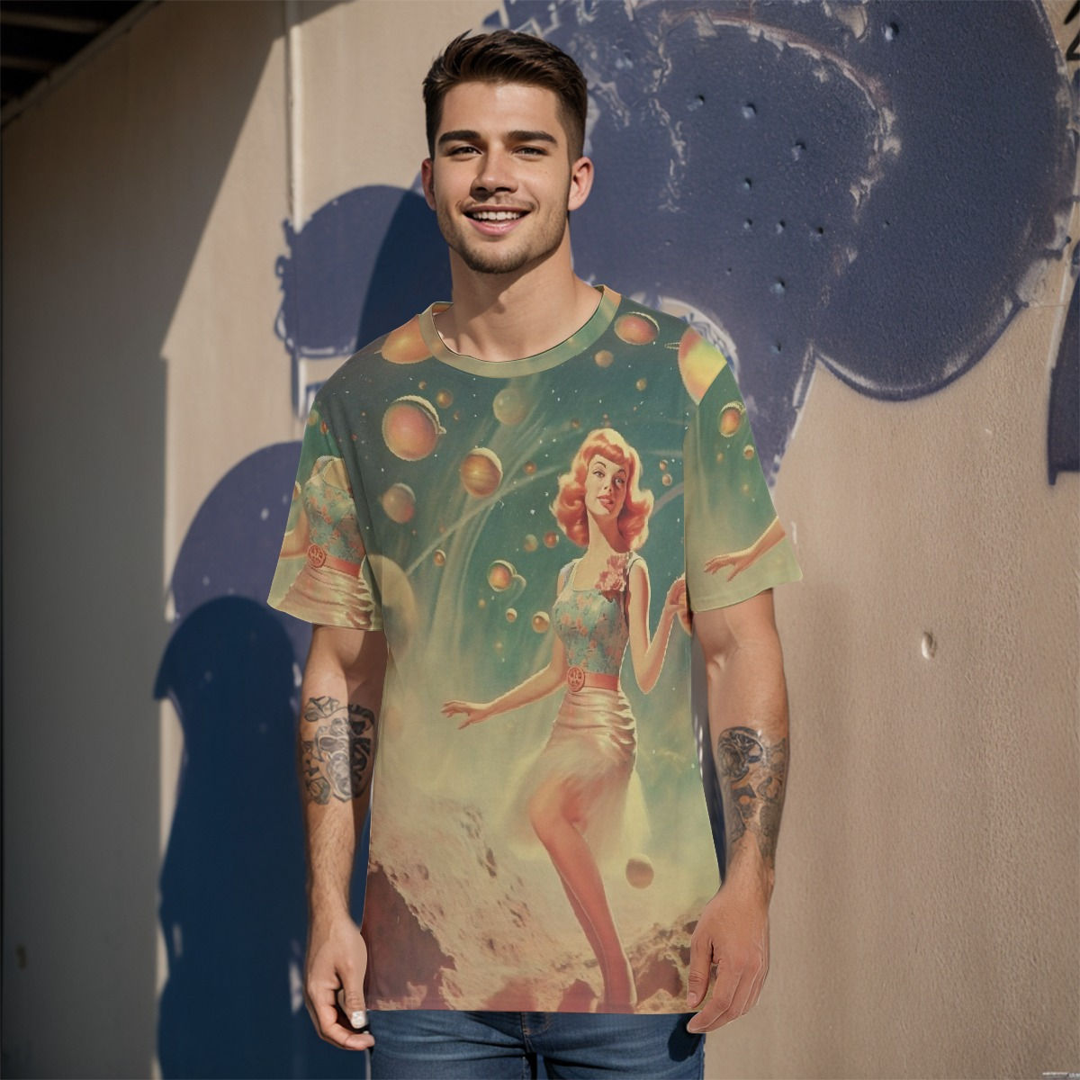 Retro Pin-up in Space Men's Basic Cotton T-Shirt