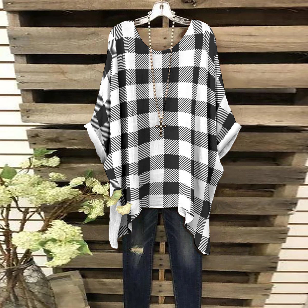 Black and White Checked Women's Bat Sleeve Blouse
