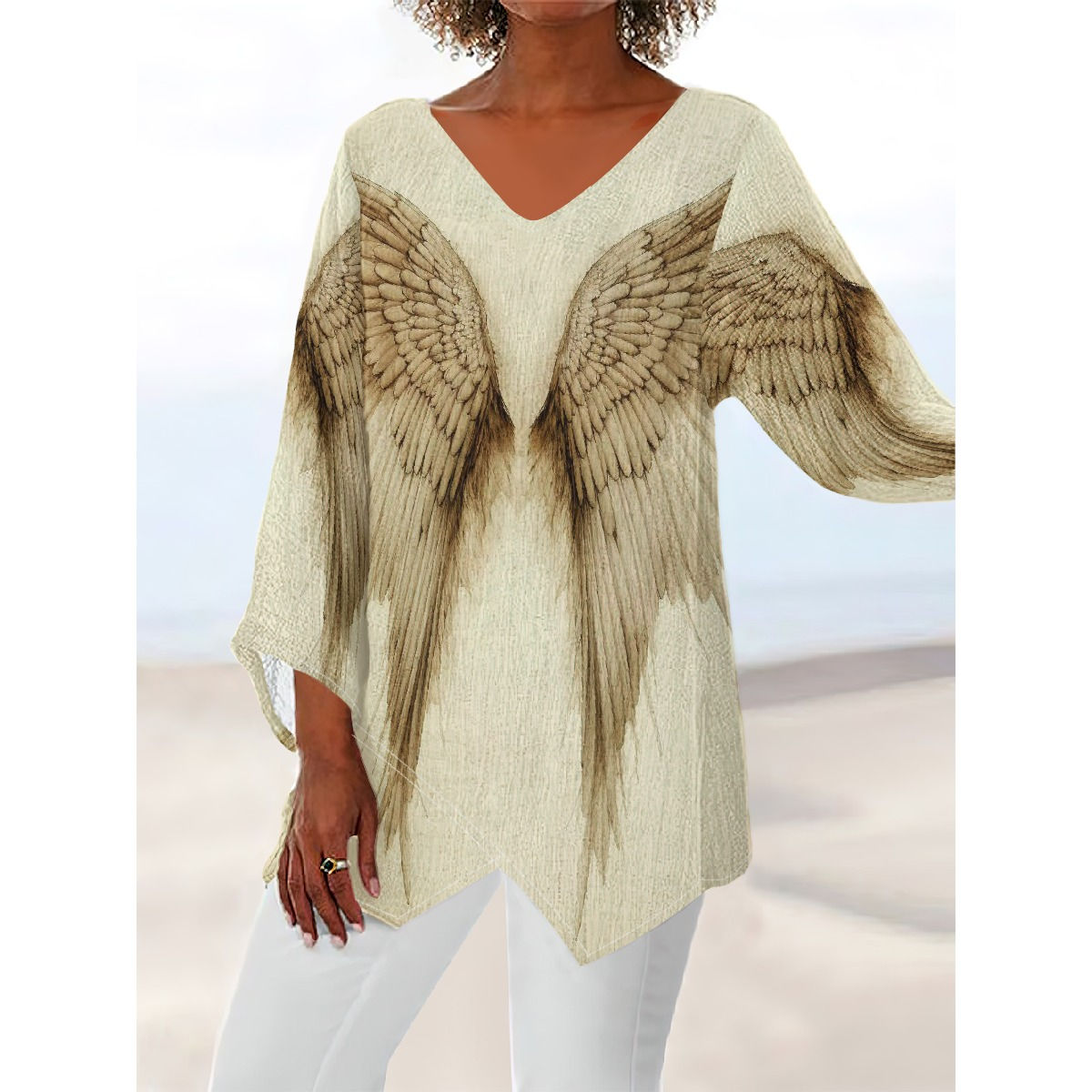 Angelic Wings Women's V-neck Blouse With Irregular Hem
