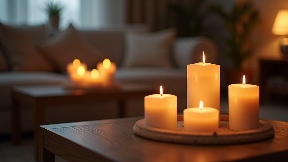 Eye-level view of a cozy living room with multiple lit aromatherapy candles