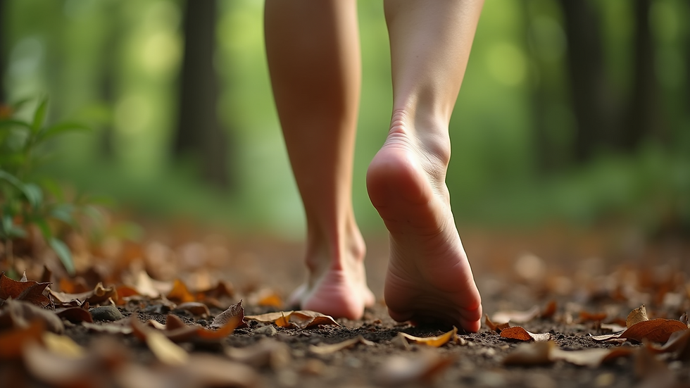 Close-up view of a pair of feet walking barefoot on a forest floor covered with leaves