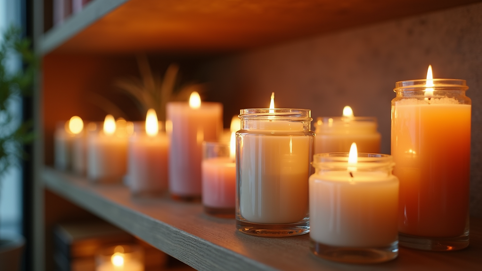 Eye-level view of a collection of aromatherapy candles with different scents on a shelf