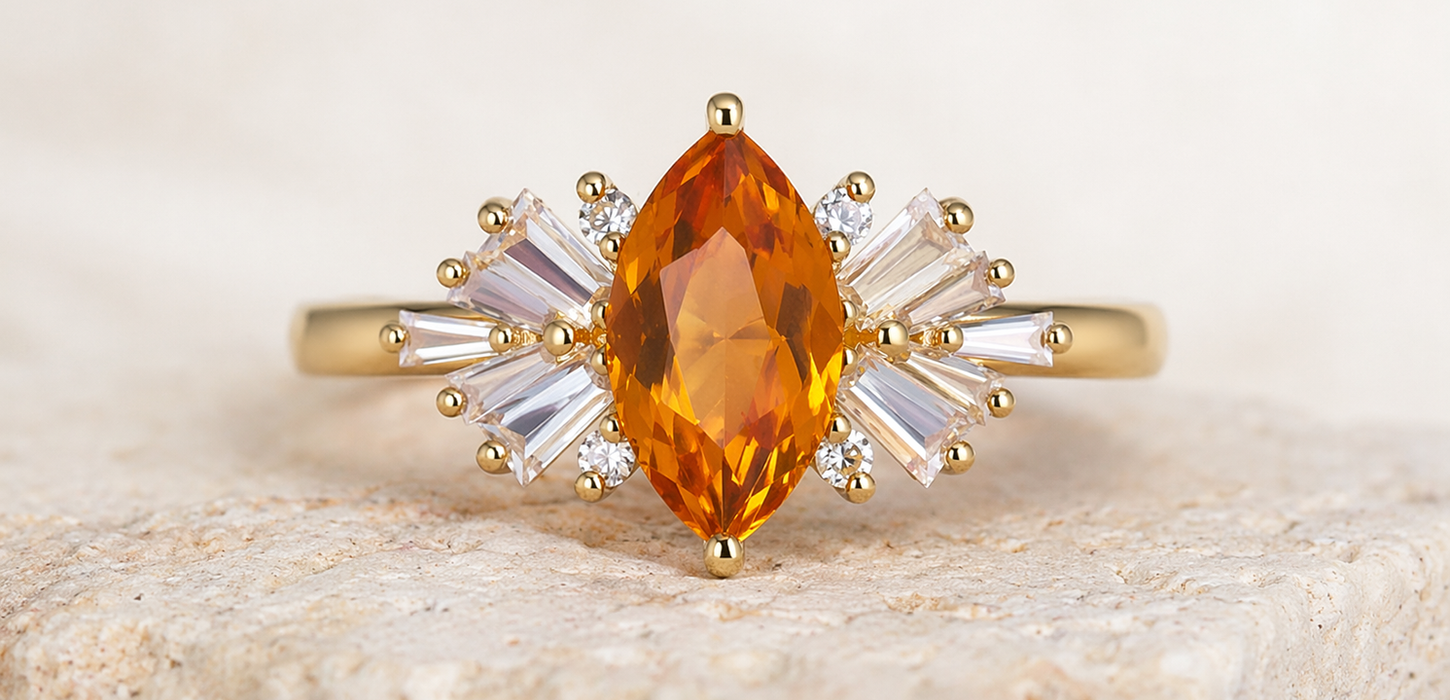 Bague de fiançailles Estrella en or jaune avec grenat mandarin taille marquise et diamants baguettes en éventail.