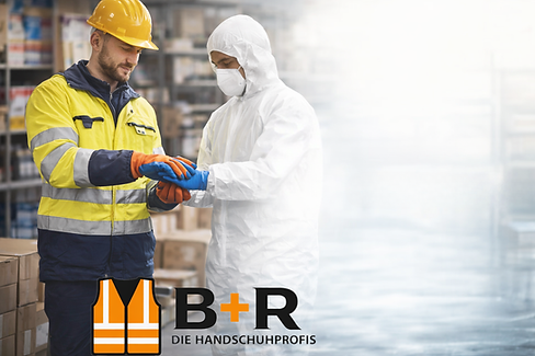 Zwei Männer prüfen Arbeitshandschuhe, B + R Die Handschuhprofis, im Lagerhaus.