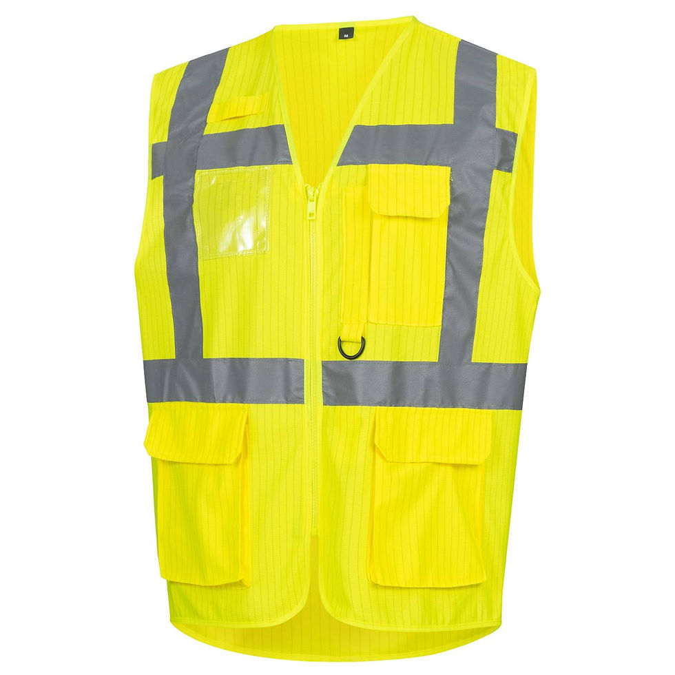 Miniaturbild: Warnschutzweste Neongelb mit Reißverschluss, reflektierenden Streifen und vielen Taschen.
