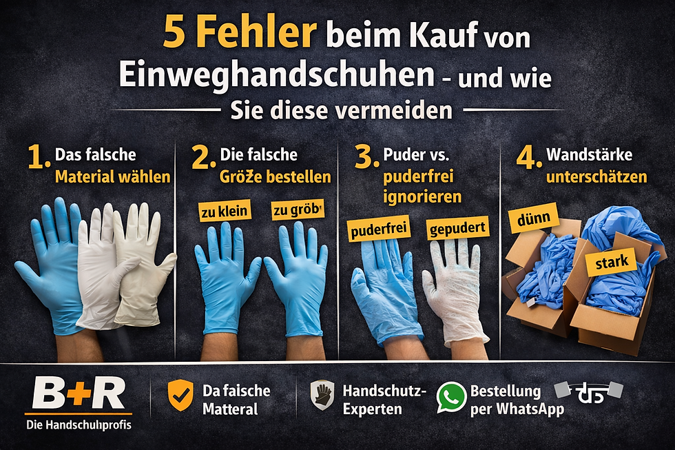 5 Fehler beim Kauf von Einweghandschuhen – Material, Größe, Puder, Wandstärke und Mengen richtig wählen.