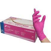 Pinker Handschuh an Hand, Box "SIZE XS" "CANDY WAVE" "ENSURE SAFETY".