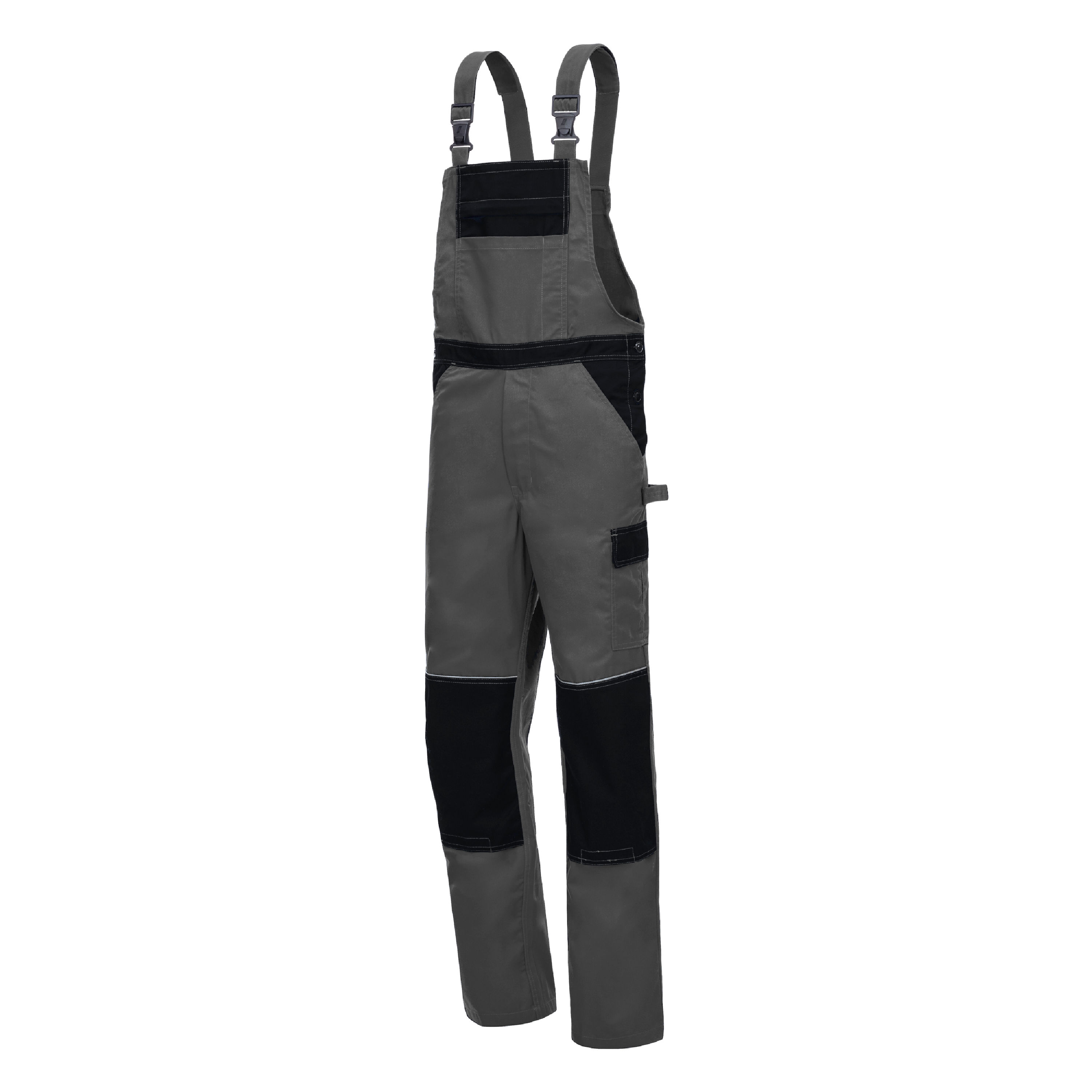 Graue und schwarze Latzhose