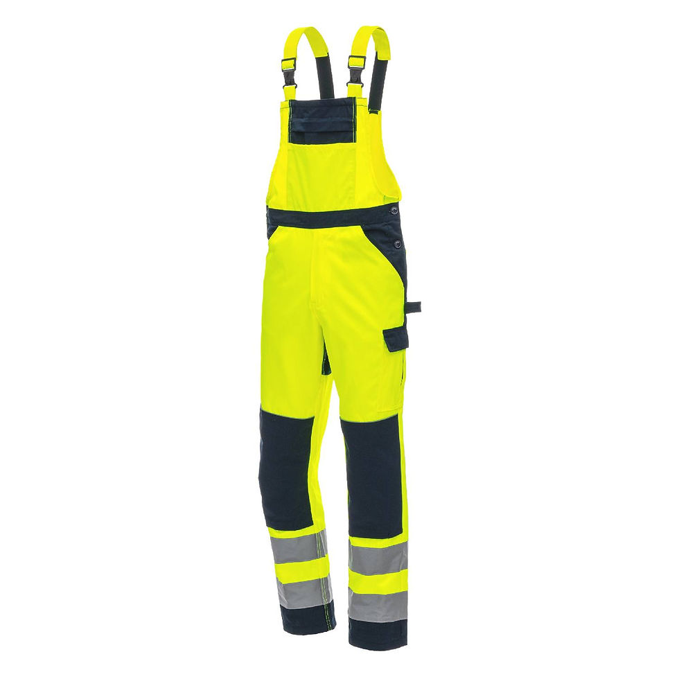 Warnschutz-Latzhose neongelb dunkelblau mit reflektierenden Streifen.