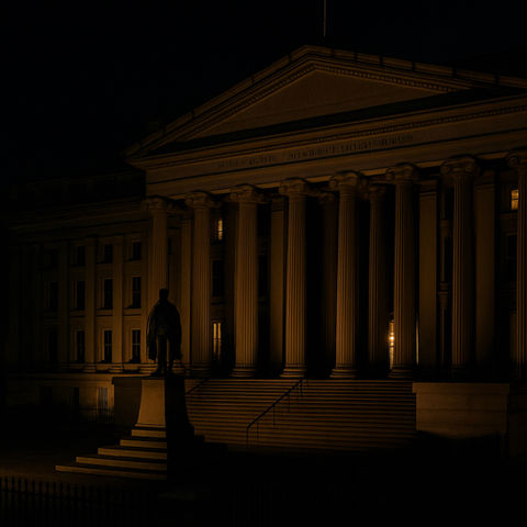 The United States Treasury building at night