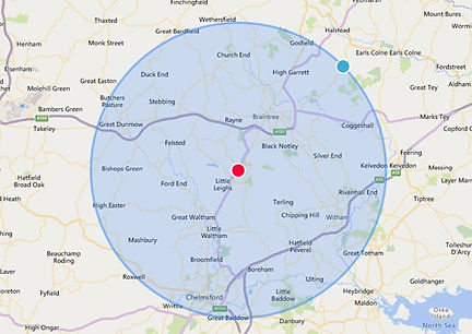 Map radius 8 miles surrounding Great Leighs