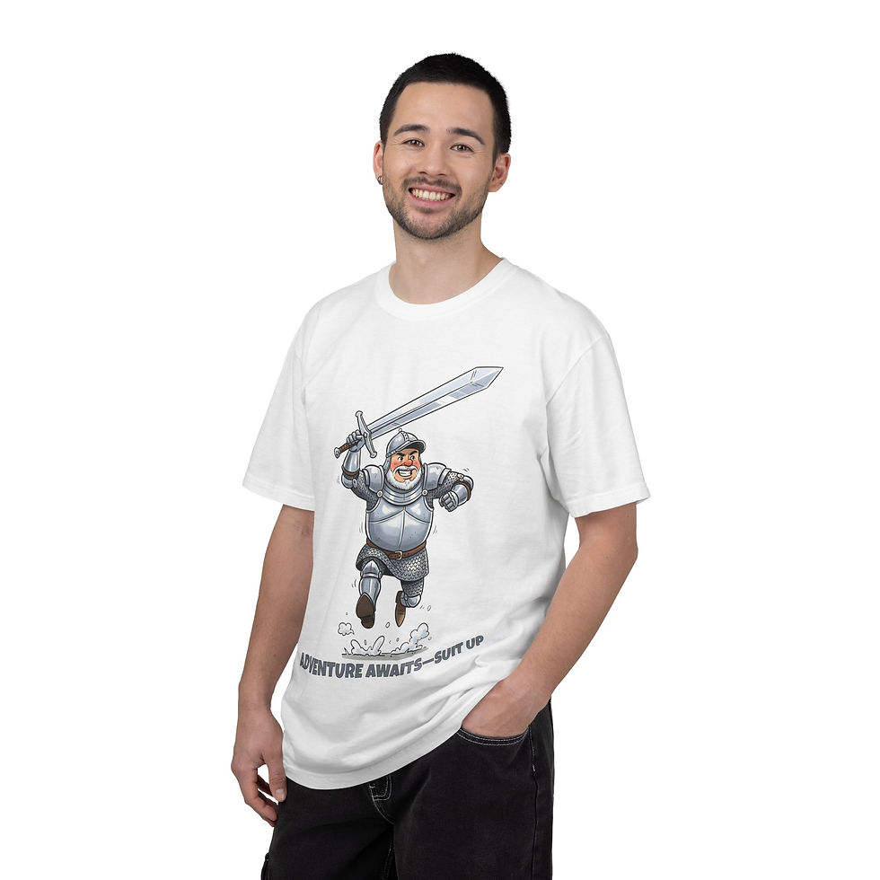 Thumbnail: Adventure Awaits Suit Up T-Shirt — Cartoon Knight Graphic Tee
