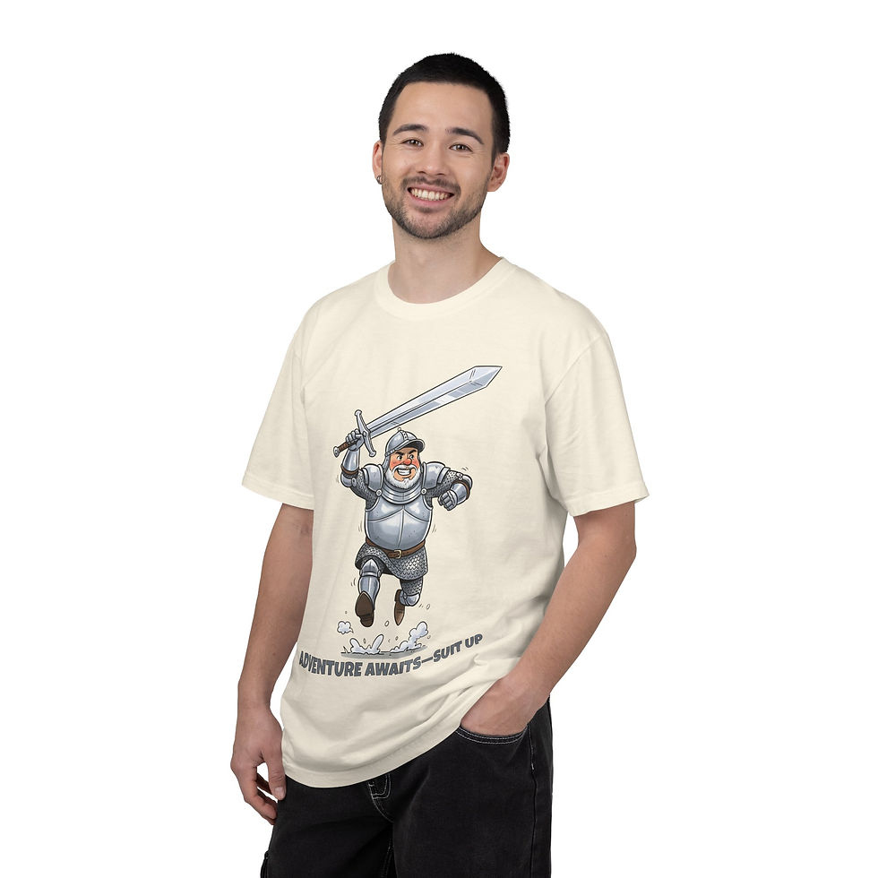 Thumbnail: Adventure Awaits Suit Up T-Shirt — Cartoon Knight Graphic Tee