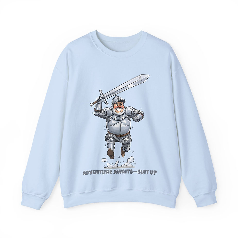 Thumbnail: Adventure Awaits Crewneck Sweatshirt — Cartoon Knight 'Suit Up' Design