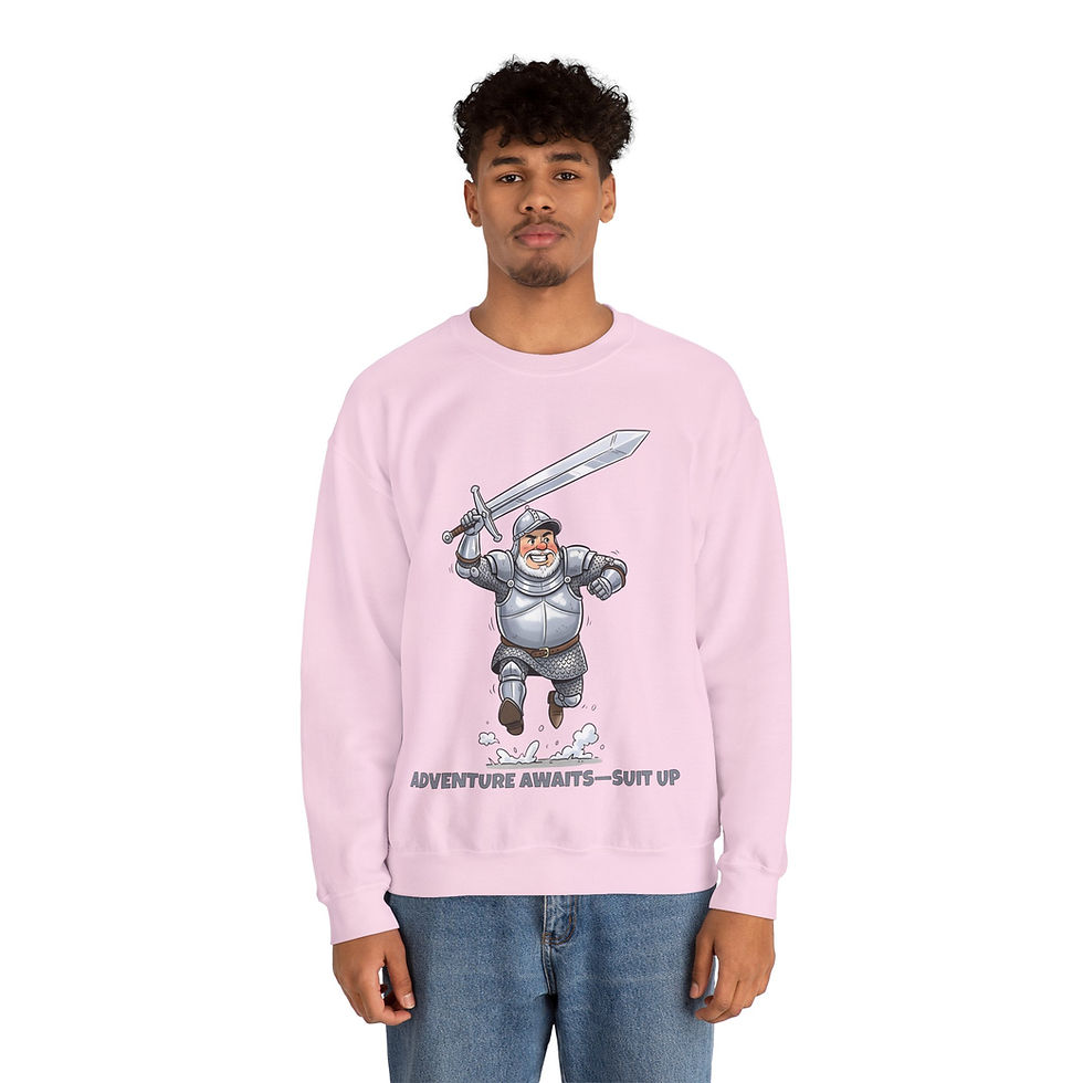 Thumbnail: Adventure Awaits Crewneck Sweatshirt — Cartoon Knight 'Suit Up' Design