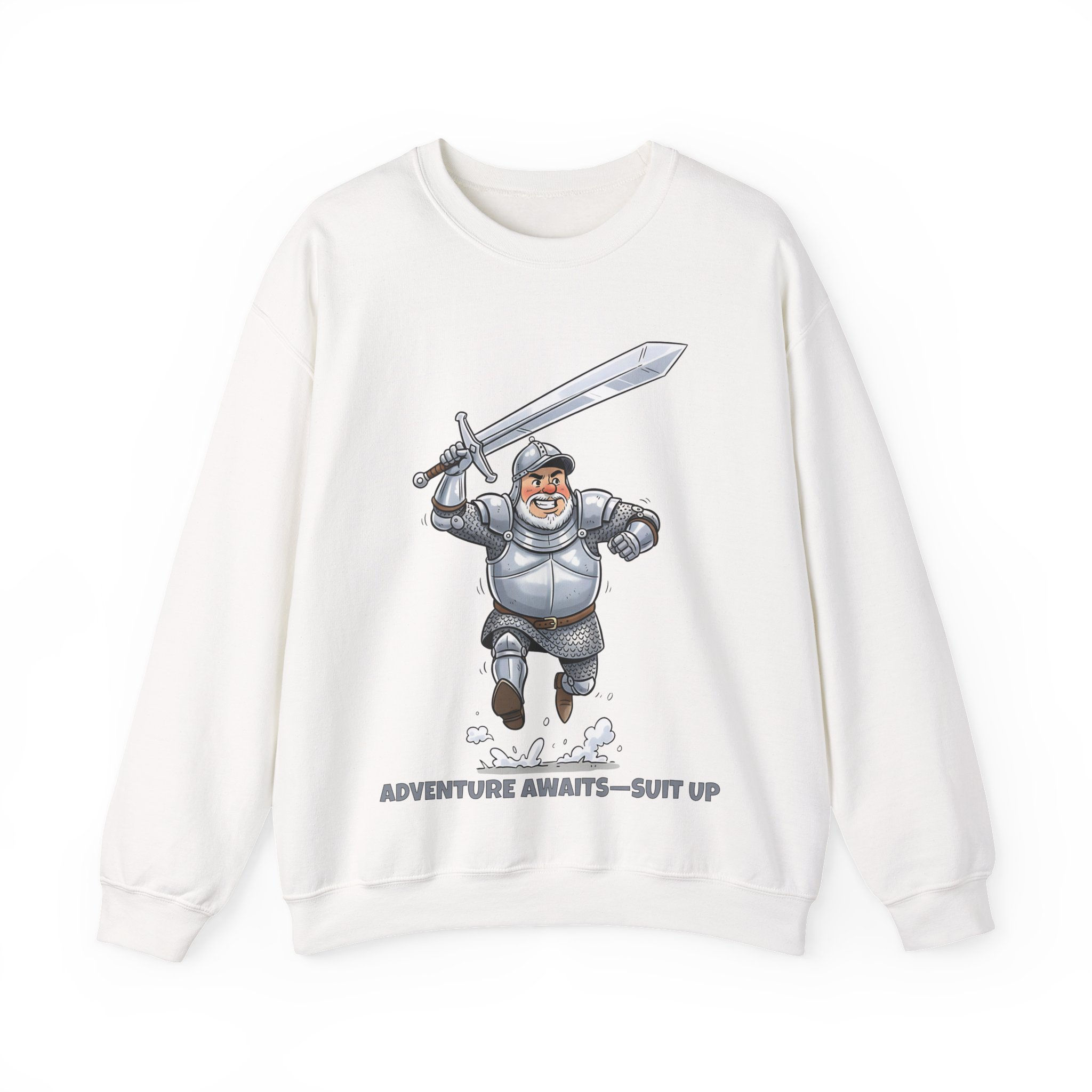 Adventure Awaits Crewneck Sweatshirt — Cartoon Knight 'Suit Up' Design