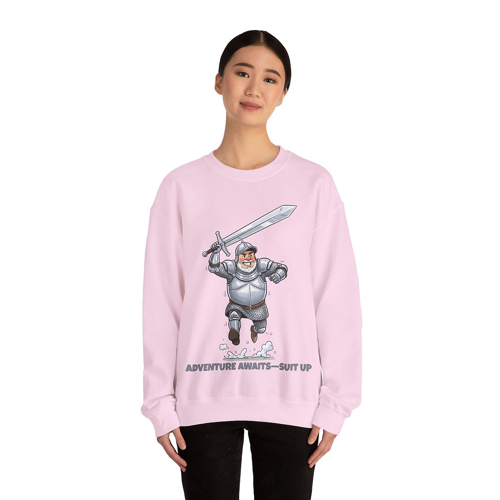 Thumbnail: Adventure Awaits Crewneck Sweatshirt — Cartoon Knight 'Suit Up' Design
