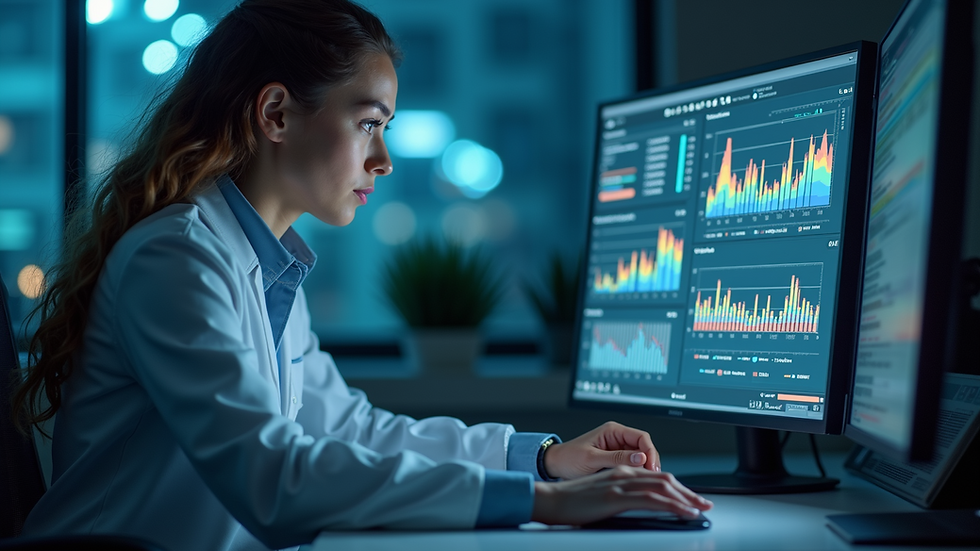 Eye-level view of a researcher analyzing data on a computer screen