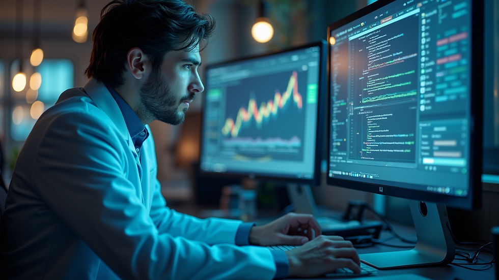 Eye-level view of a researcher analyzing data on a computer screen