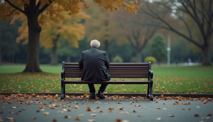 Eye-level view of a man sitting alone on a park bench looking thoughtful