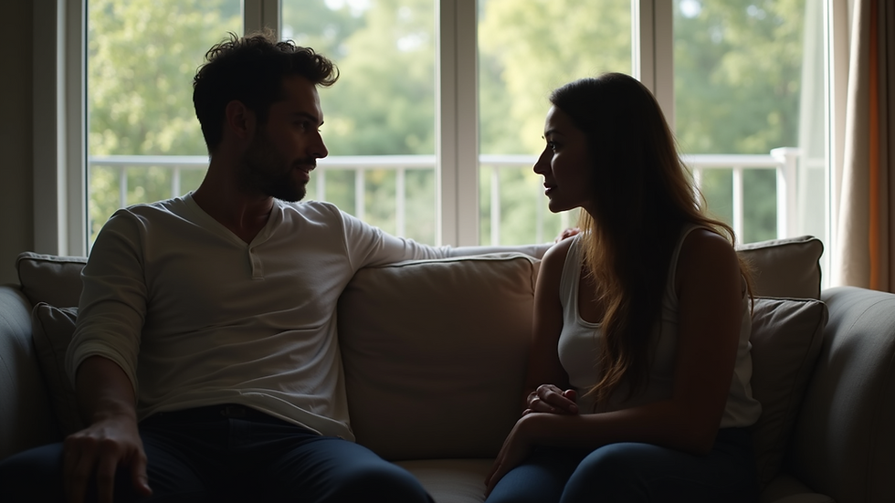 Close-up view of a couple sitting together on a couch, engaged in a deep conversation