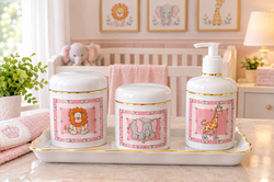 Kit de Higiene bebê porcelana personalizada luxo Safari Rosa