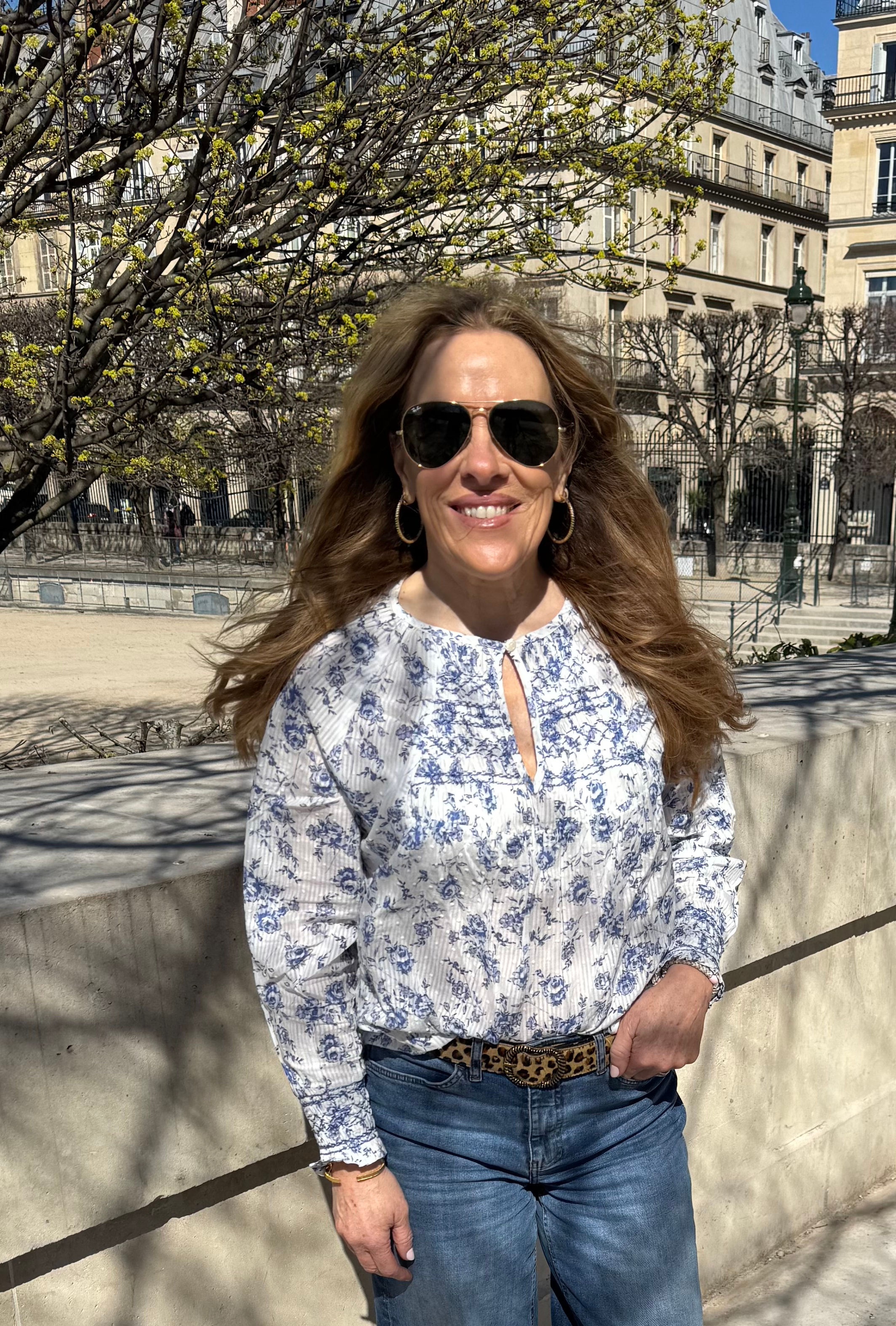 Chloe Cotton Blue & White Ruched Top