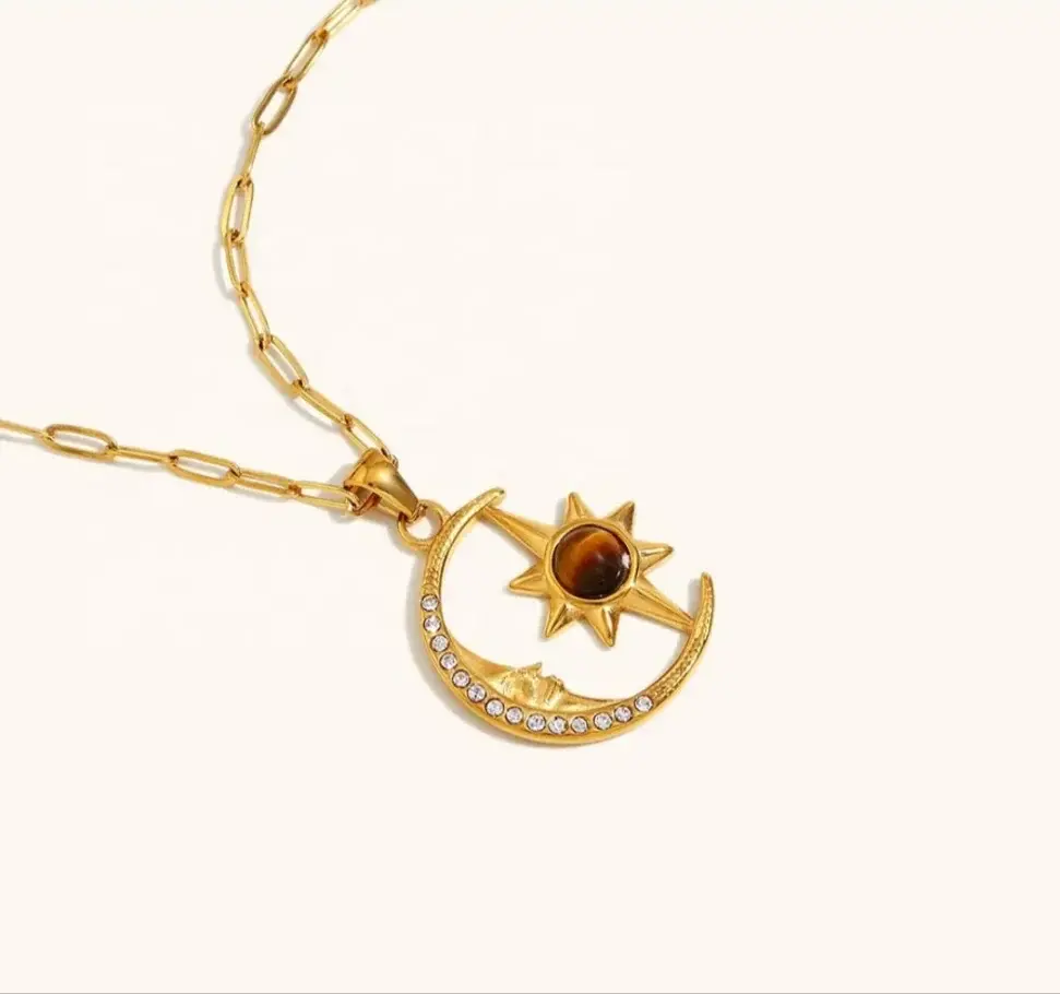 Thumbnail: Tigers Eye Stone Moon & Star Pendant Necklace