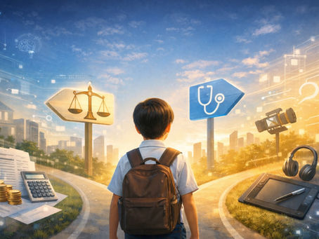 Học sinh đứng trước ngã rẽ tượng trưng cho nhiều nghề nghiệp tương lai, xung quanh là các biểu tượng công việc như tài chính, pháp lý, y tế, truyền thông và thiết kế, gợi mở câu hỏi về năng lực cần có trong thời đại AI.