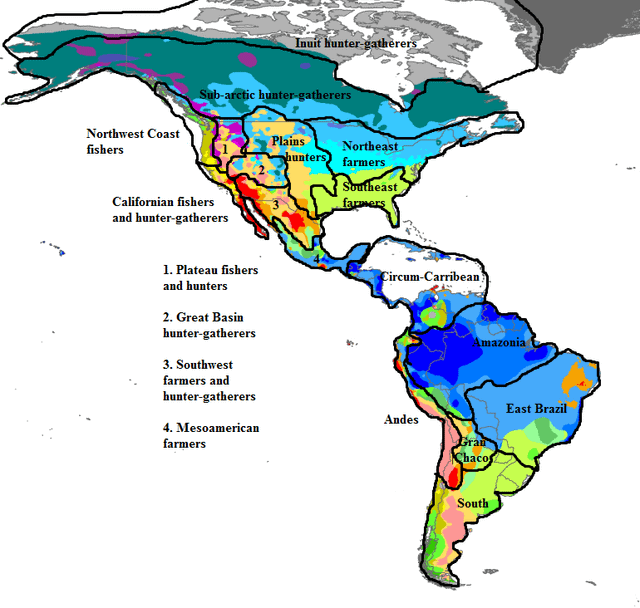 Map of Pre-Columbian native cultural groups and their geographic distributions across the Americas before European colonization