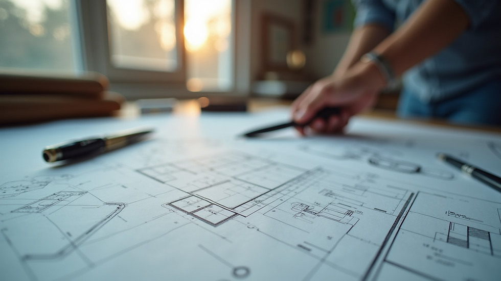Eye-level view of a blueprint and design tools on a table