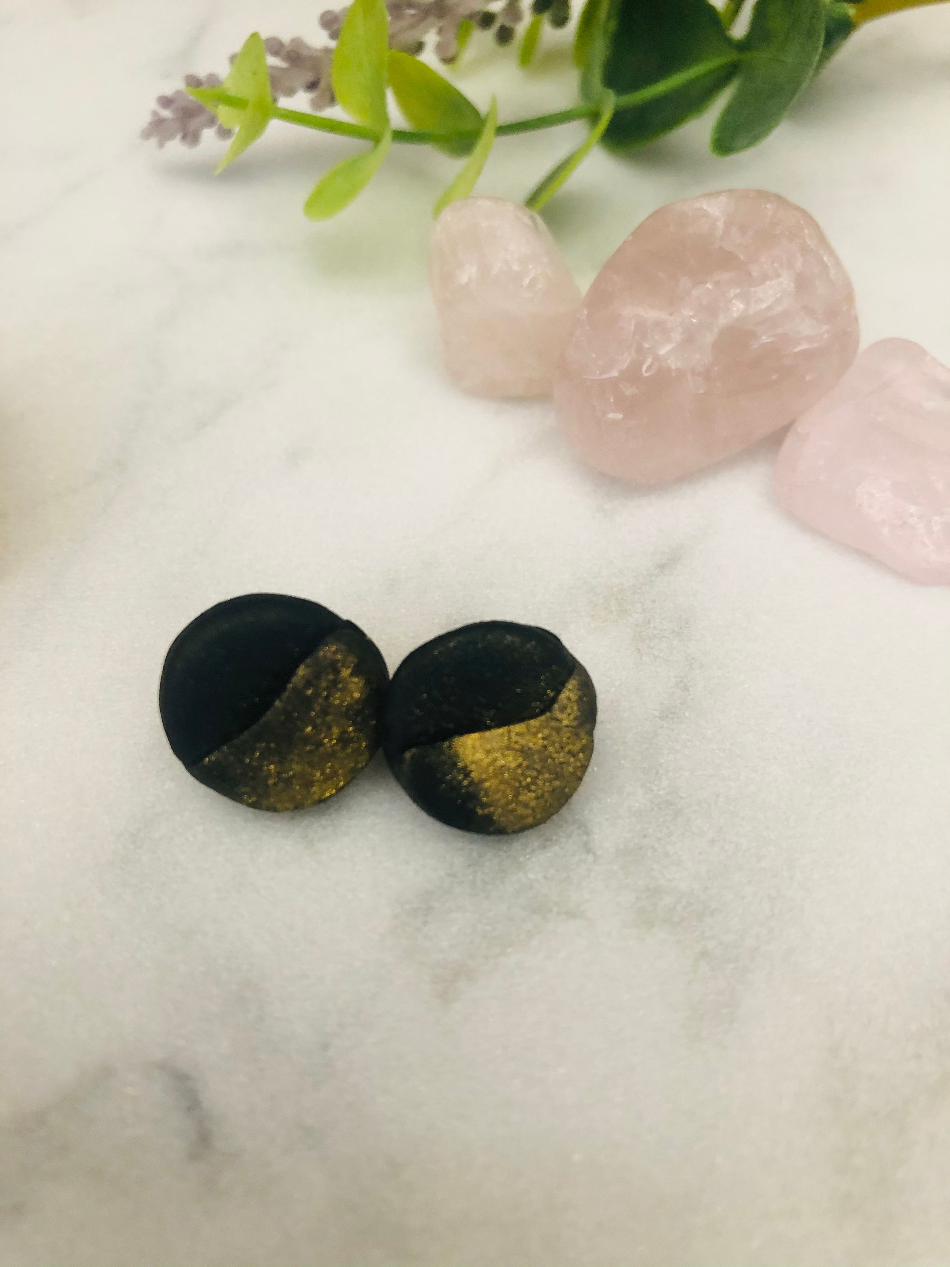 Black Leather Effect Gold Dust Studs