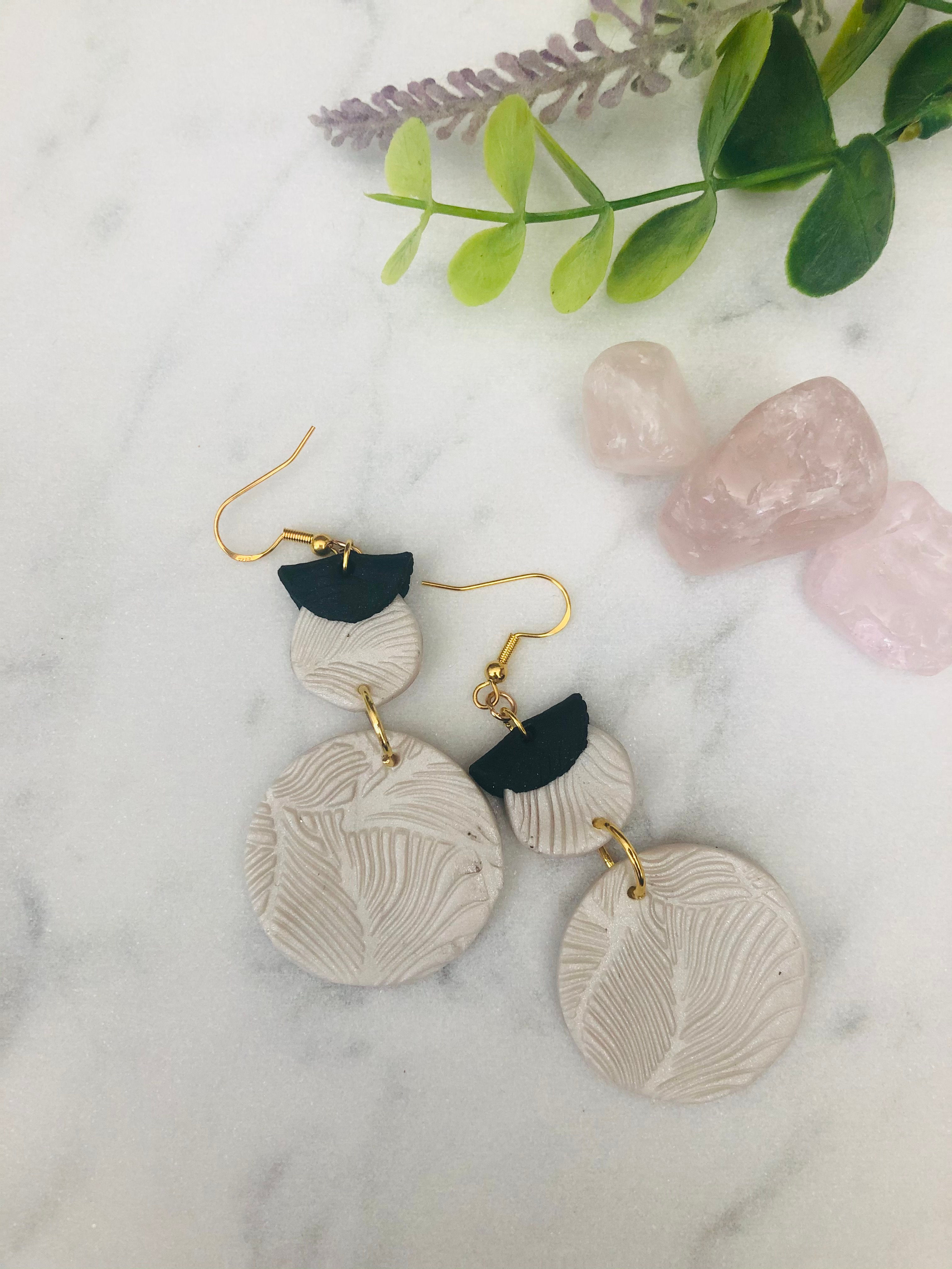 Pearl and Black Leather Effect Statement Earrings