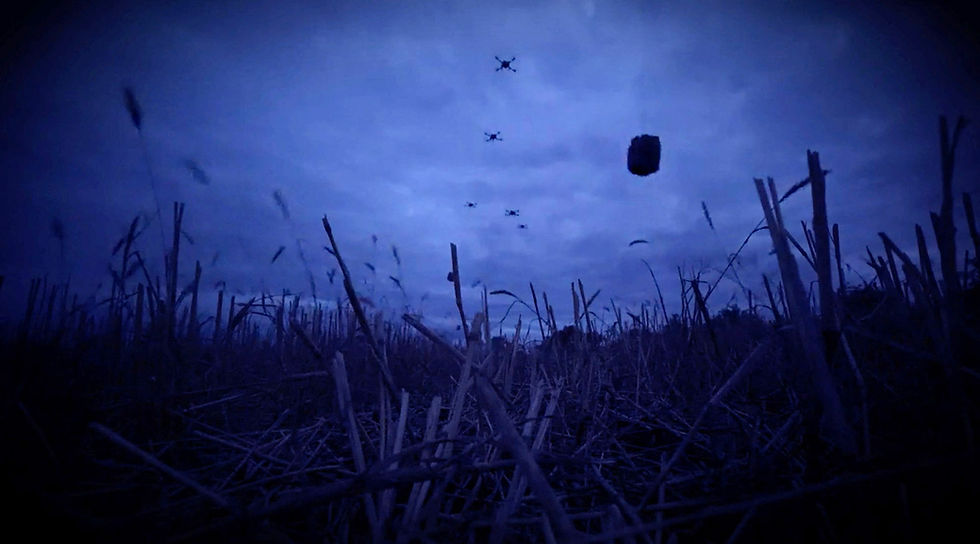 Drones carrying food packages fly over a location identified as Oleshky. (Photo: Oleksandr Prokudin / Telegram / Reuters)