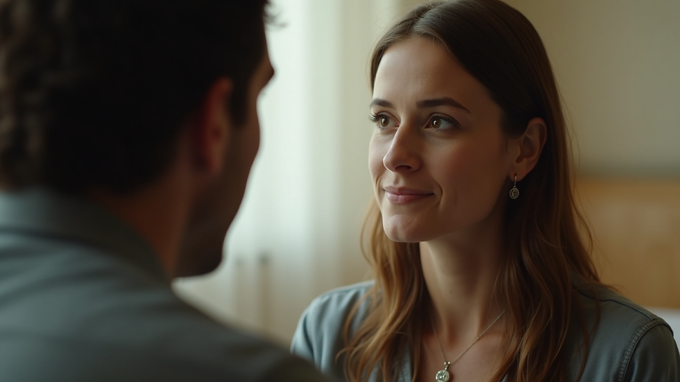 Close-up de uma conversa entre casal em ambiente acolhedor e discreto