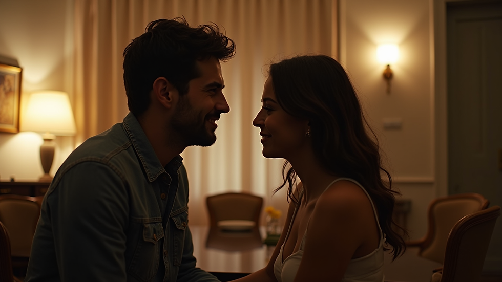 Vista em close-up de um casal conversando em um ambiente acolhedor e discreto