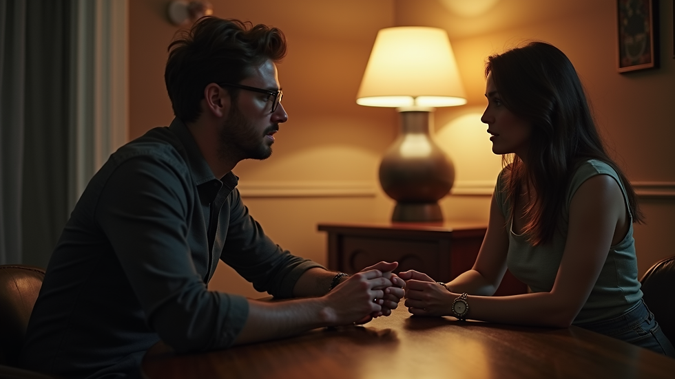 Plano médio de um casal adulto conversando em um ambiente íntimo e discreto